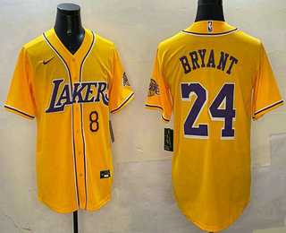 Men%27s Los Angeles Lakers #8 24 Kobe Bryant Yellow Purple With Patch Cool Base Stitched Baseball Jersey->chicago bulls->NBA Jersey